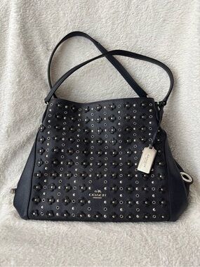 COACH Edie 31 Studs & Grommets Floral Leather Bag Navy Black 38077